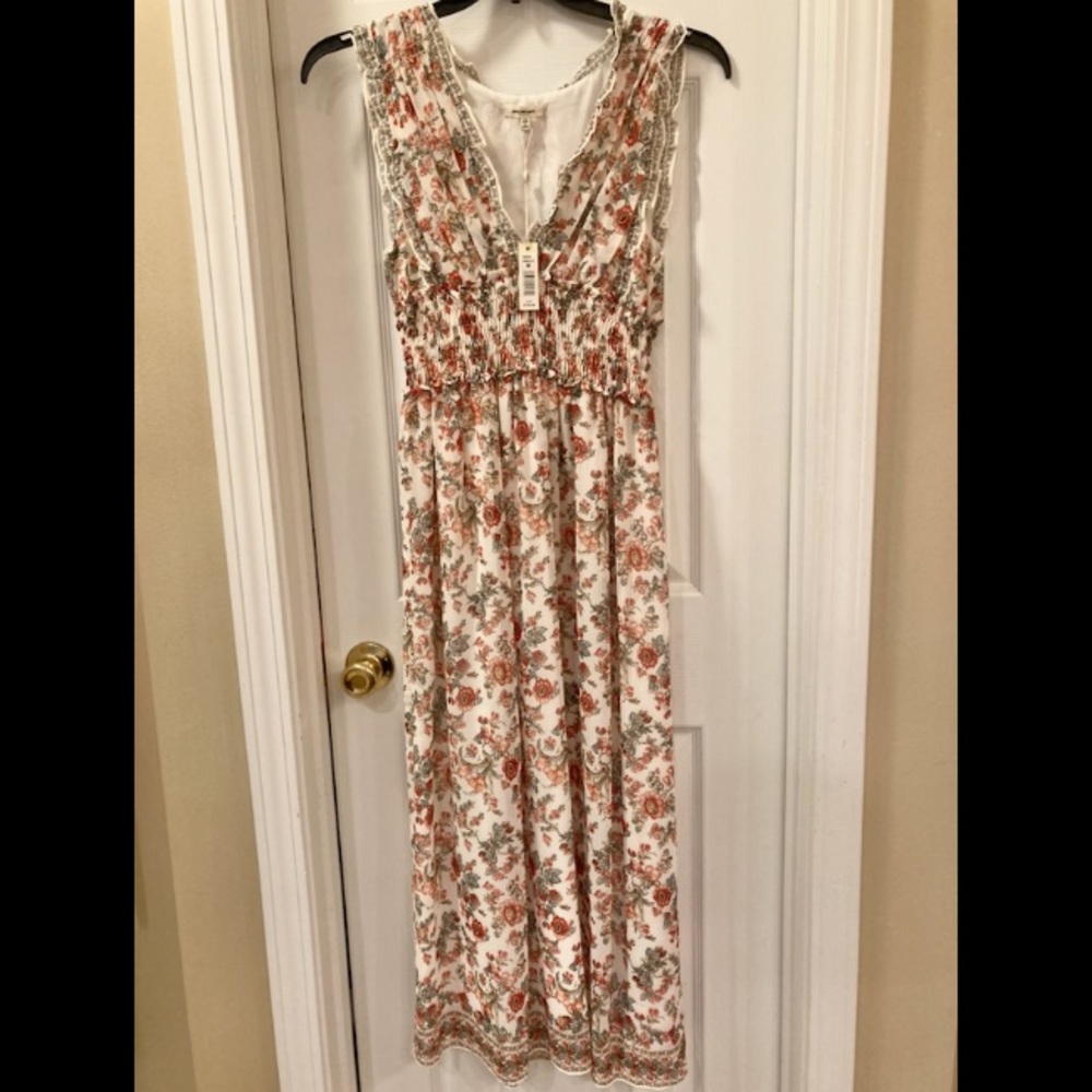 Floral Smocked Waist V Neck Sleeveless Midi Dress